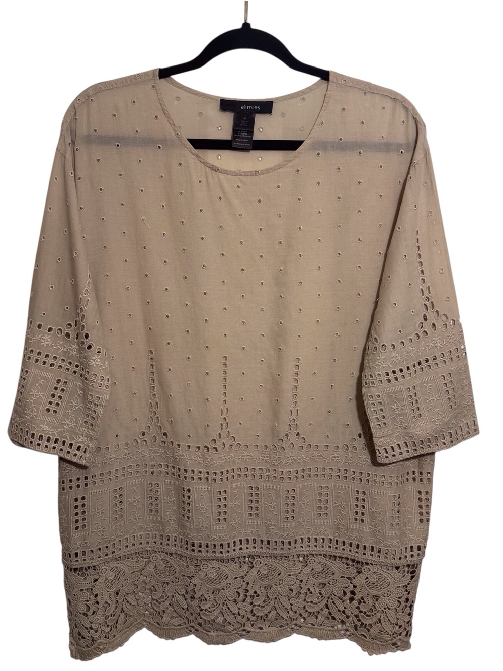 Ali Miles Size Medium Brown Boho Western Floral Eyelet Embroidered Blouse Top